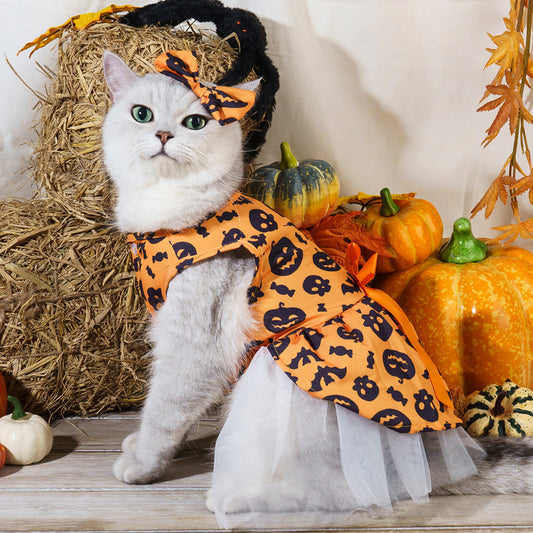 Halloween Pet Dog Dress with Pumpkin Print | Cute Cat & Dog Bat Skirt Costume