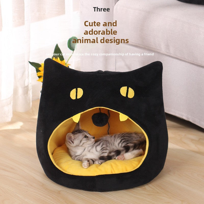 Cute Cat-Shaped Pet Bed ? Soft Cozy Cave for Cats & Small Dogs | Warm Plush Hideaway House