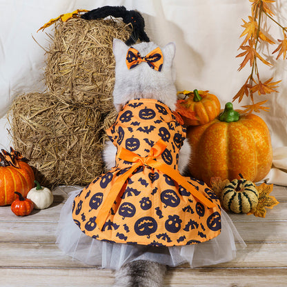 Halloween Pet Dog Dress with Pumpkin Print | Cute Cat & Dog Bat Skirt Costume