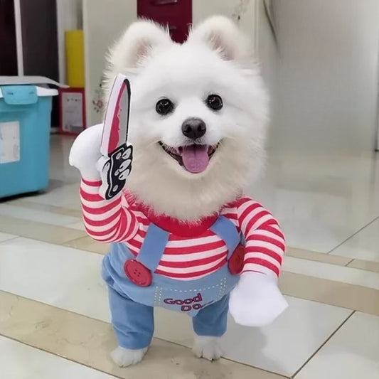 Funny Killer Pet Costume – Halloween Outfit for Dogs & Cats with Knife Prop