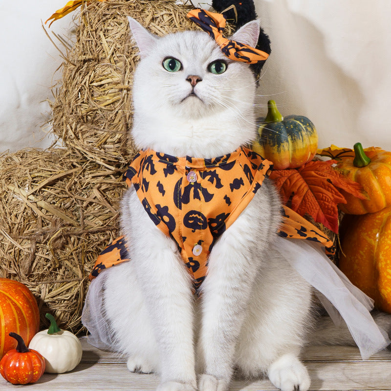 Halloween Pet Dog Dress with Pumpkin Print | Cute Cat & Dog Bat Skirt Costume