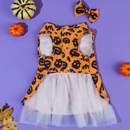 Halloween Pet Dog Dress with Pumpkin Print | Cute Cat & Dog Bat Skirt Costume