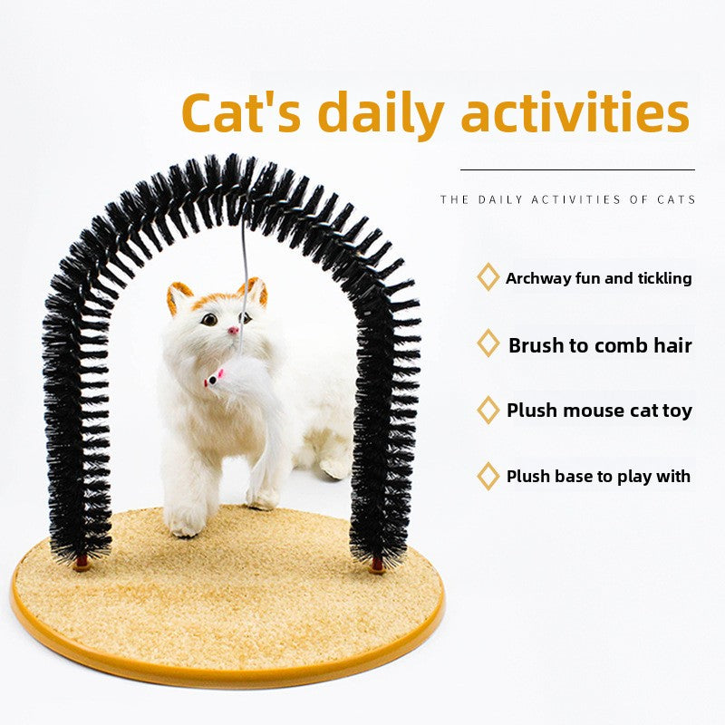 Arch Cat Self-Grooming & Scratching Brush with Tease Stick ? Self-Massage Cat Arch Toy for Itching, Shedding, and Play