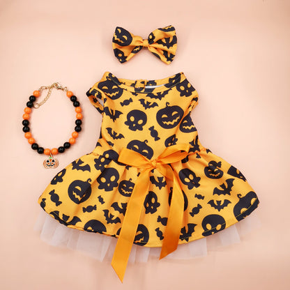 Halloween Pet Dog Dress with Pumpkin Print | Cute Cat & Dog Bat Skirt Costume