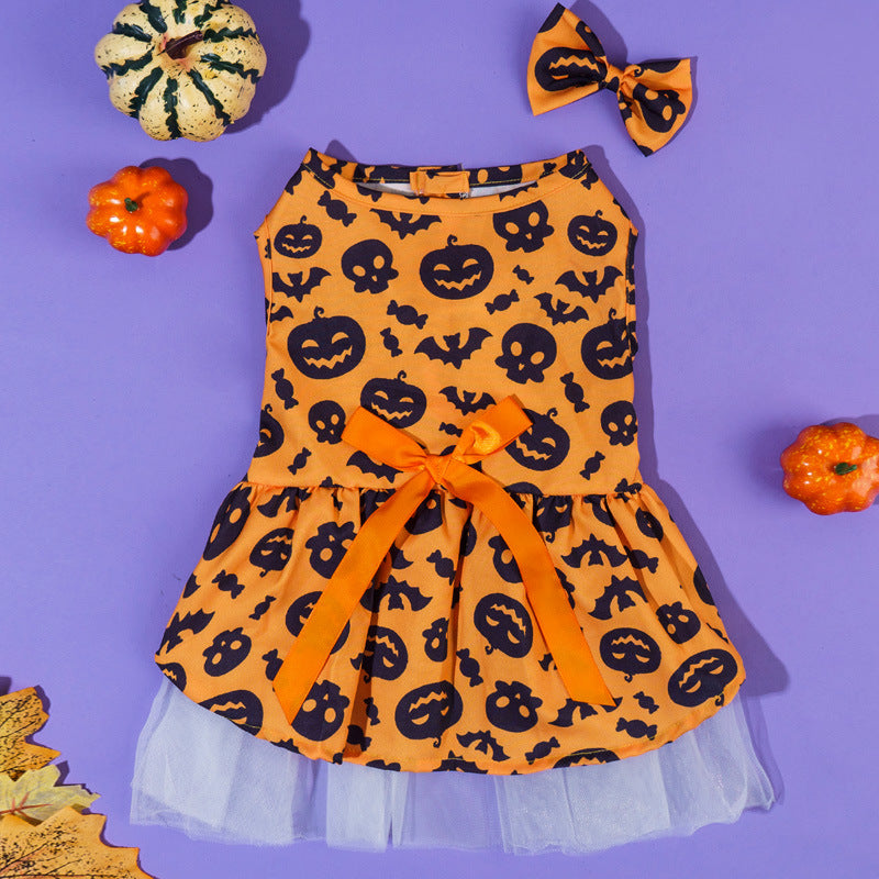 Halloween Pet Dog Dress with Pumpkin Print | Cute Cat & Dog Bat Skirt Costume