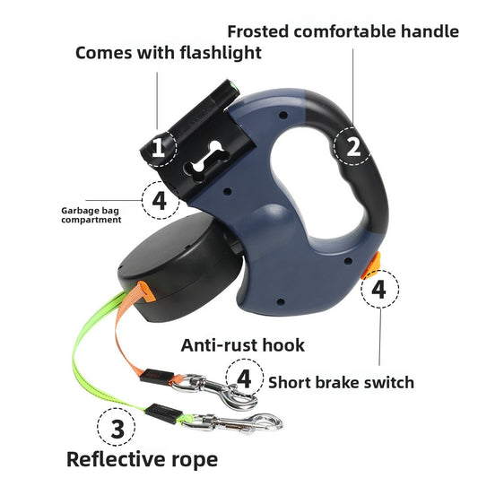 Dual Retractable Dog Leash Reflective with LED Light - 2-in-1 No-Tangle Pet Walking Lead